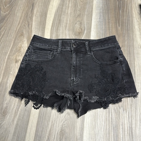 American Eagle Outfitters high rise shortie Black Jean Shorts with Lace Trim 4 - Picture 2 of 6